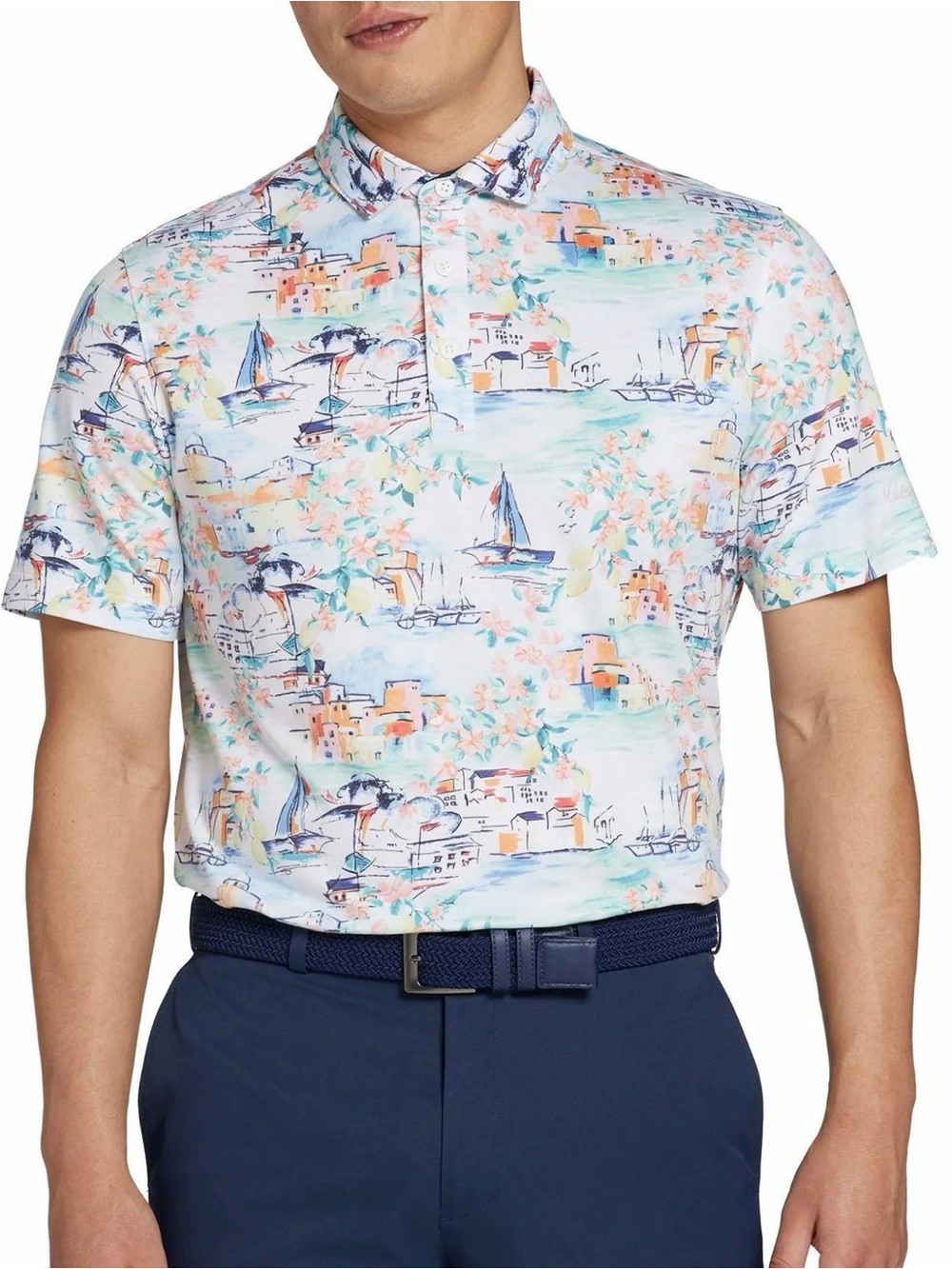 Walter Hagen Pastel Coastal Print Polo - White, Blue, Peach